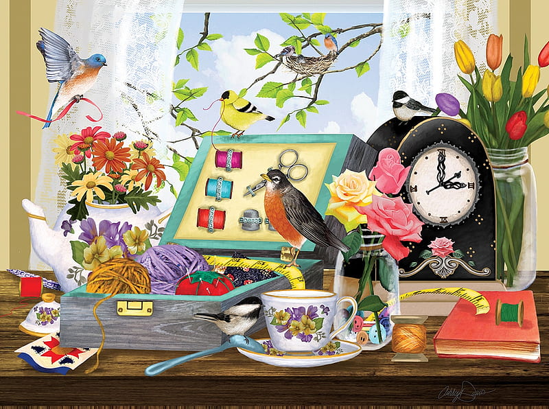 Sewing kit and teacup, bird, art, cup, pasari, painting, pictura, HD wallpaper
