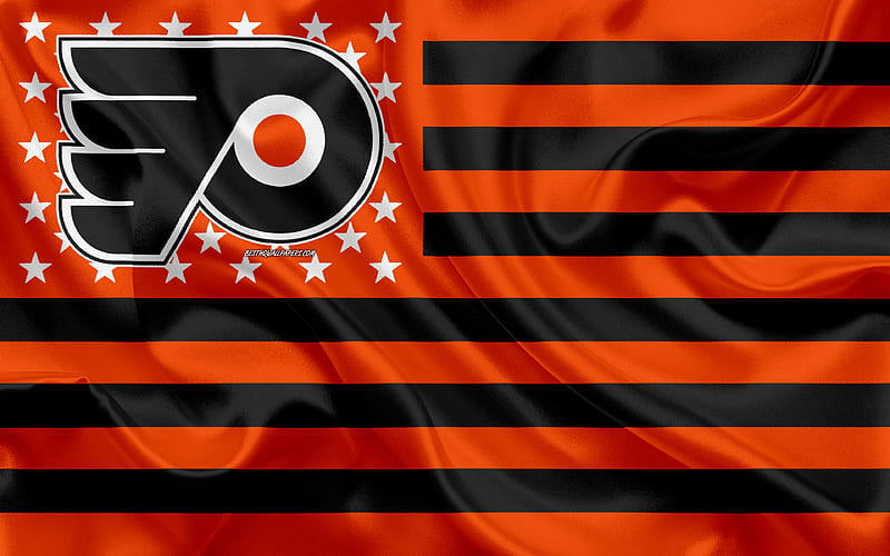 Philadelphia Flyers, American hockey club, American creative flag, orange black flag, NHL, Philadelphia, Pennsylvania, USA, logo, emblem, silk flag, National Hockey League, hockey, HD wallpaper
