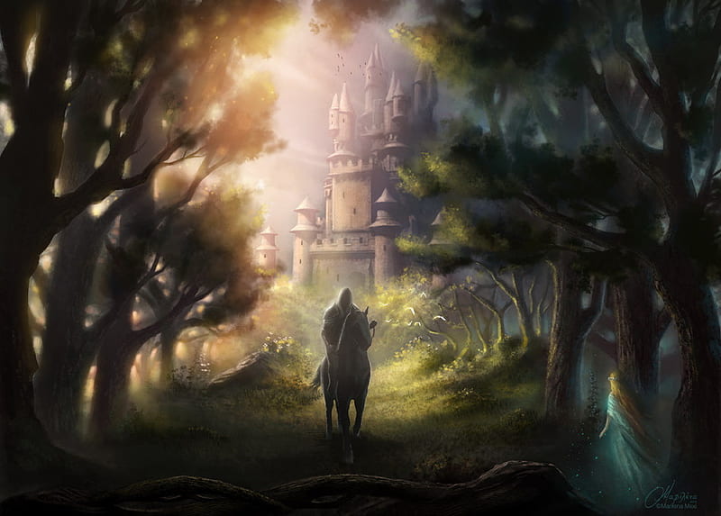 The Return, forest, fantasy, abstract, castle, fairy, night, knight, HD wallpaper