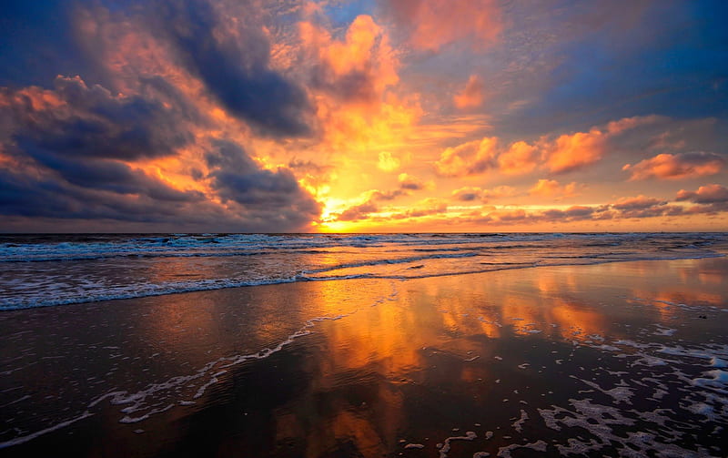 wonderful sea sunset, beach, sunset, clouds, sea, HD wallpaper