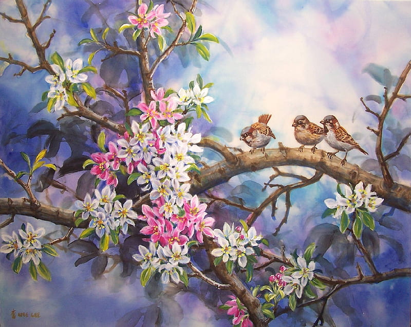 Spring, art, luminos, pasare, blossom, bird, painting, flower, sparrow, pictura, pink, blue, HD wallpaper