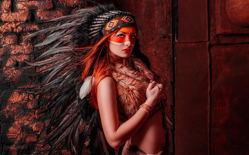 Native American, red, model, orange, woman, hat, girl, feather, fur, HD wallpaper