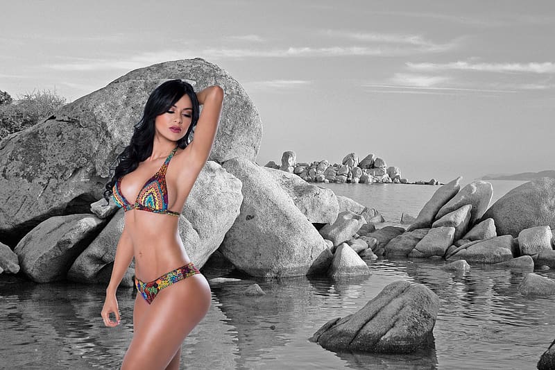 Bikini Model ~ Paola Triana, bikini, model, beach, brunette, corsica, HD wallpaper