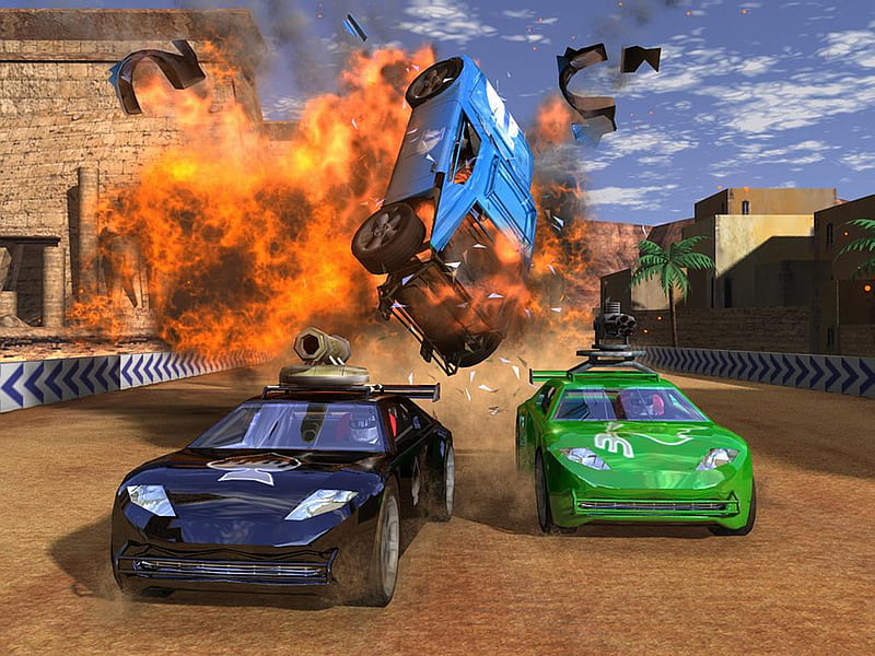 Two Racing Cars With Explosion, fire, explosion, video game, racing car, crash, HD wallpaper