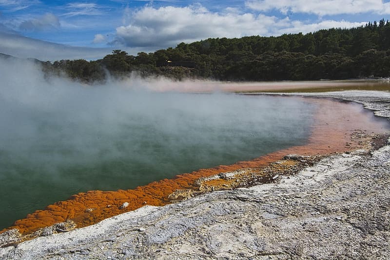 Champagne Thermal Pool, Wai-o-tapu, New Zealand, steam, water, sky, hot, clouds, HD wallpaper