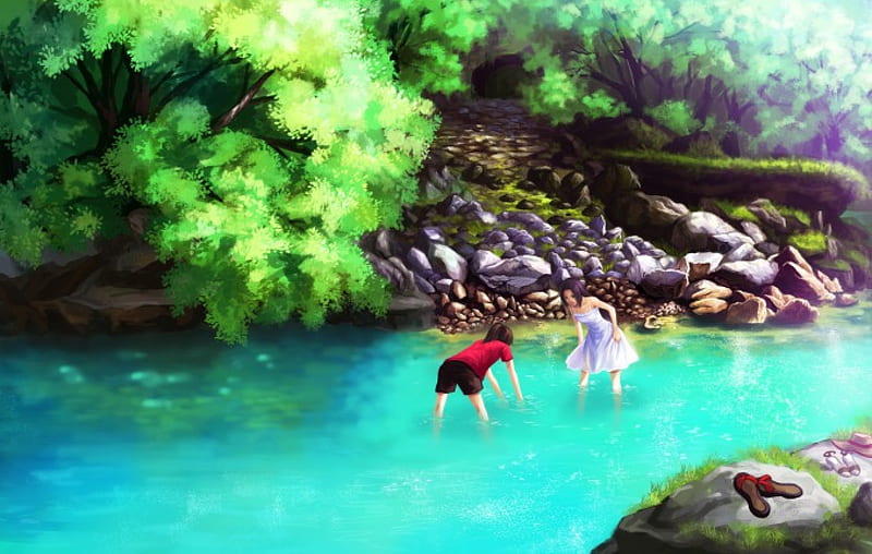 Premium Photo | Sunny day on the river in anime style