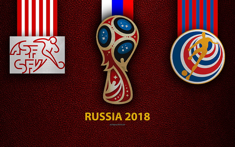 Switzerland vs Costa Rica Group E, football, 27 June 2018, logos, 2018 FIFA World Cup, Russia 2018, burgundy leather texture, Russia 2018 logo, cup, Switzerland, Costa Rica, national teams, football match, HD wallpaper