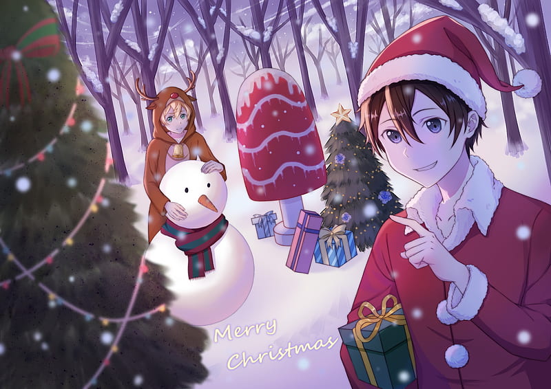 kirigaya kazuto, eugeo, christmas, sword art online, snowman, Anime, HD wallpaper