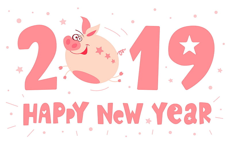 2019 year, pink piglet, chinese horoscope, happy new year, 2019 concepts, pink letters, funny piggy, 2019 backgrounds with piggy, 2019 year of the pig, HD wallpaper