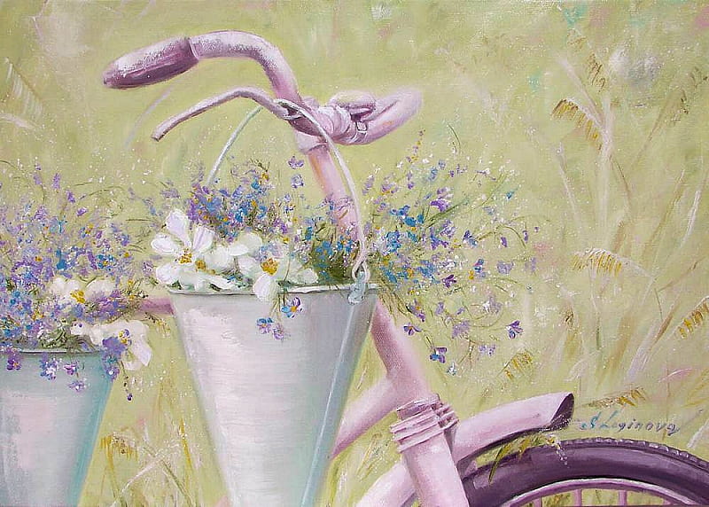 Summer Bike, painting, bicycle, flowers, pots, HD wallpaper | Peakpx