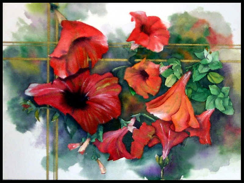 Red Petunias, red, art, petunia, painting, flower, nature, trellis, floral, HD wallpaper