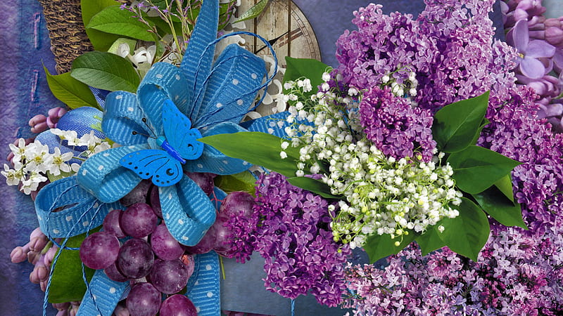 Lilac Lilac, lily of the valley, blue ribbon, butterfly, summer, firefox persona, spring, lilacs, HD wallpaper