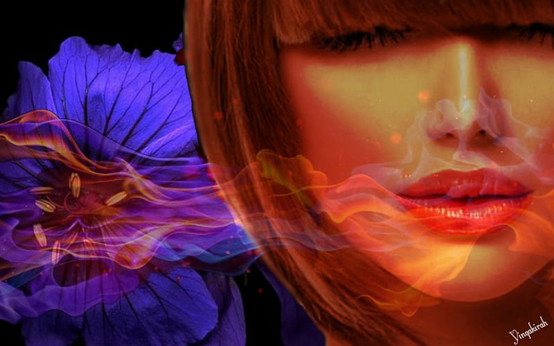 Burning, art, fire, flowers, face, woman, HD wallpaper