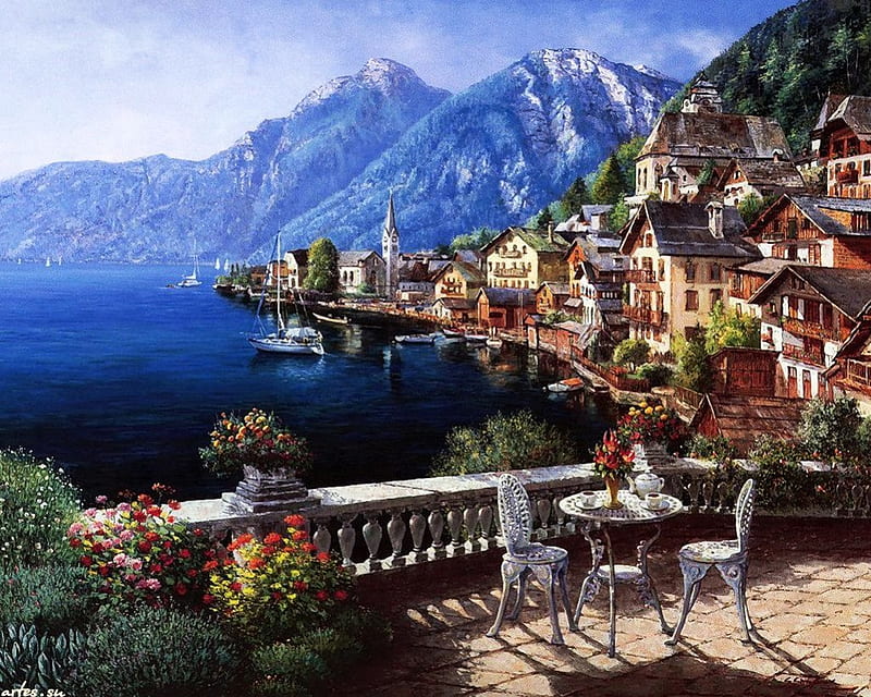 Italian Balcony, table, mediterranean, view, houses, painting, chairs, coast, HD wallpaper