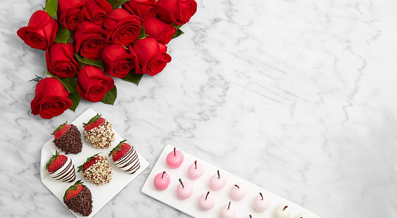 Happy Valentine's Day!, card, dessert, sweet, candle, red, food, rose, strawberry, chocolate, valentine, flower, pink, HD wallpaper