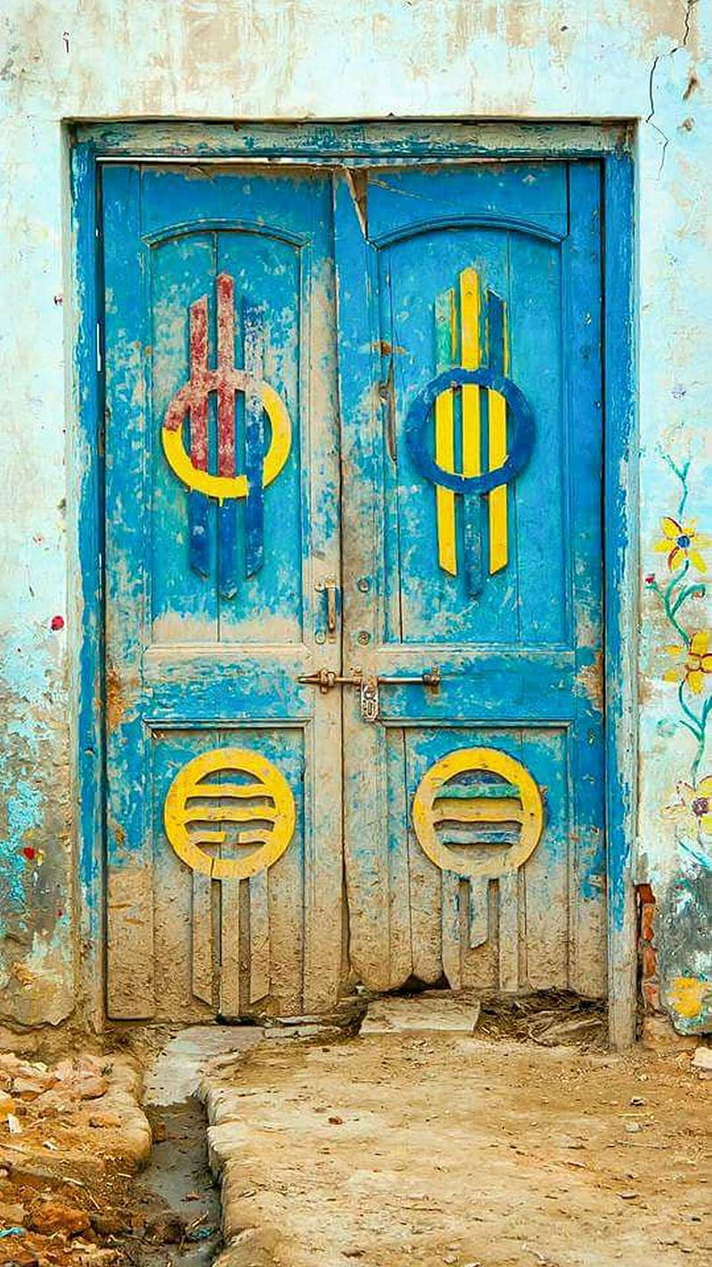 door, blue, old, wood, yellow, HD phone wallpaper