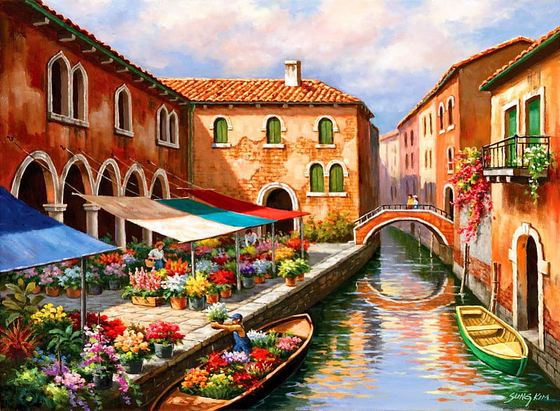 Flower market on the canal, shop, pretty, colorful, canal, bonito, nice, boats, bridge, village, flowers, reflection, lovely, view, fresh, town, spring, market, water, summer, HD wallpaper