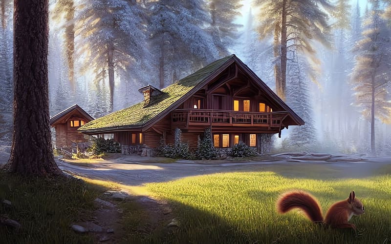 End of Winter, grass, forest, squirrel, house, digital art, HD wallpaper