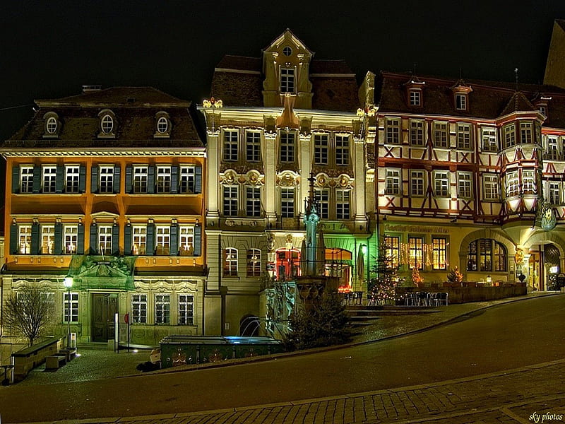 German Market Place, market place, germany, shot, buildings, town, lights, night, HD wallpaper