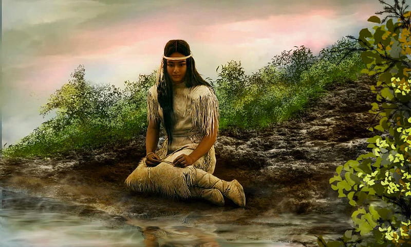 Sitting by The Living Waters, women, indigenous, Water, Native American, sitting, nature, HD wallpaper
