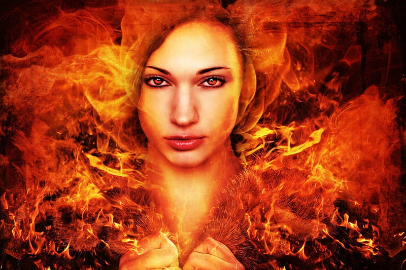 Fire Angel, red, bonito, woman, justice, fire, flames, girl, hot, smoke, other, HD wallpaper