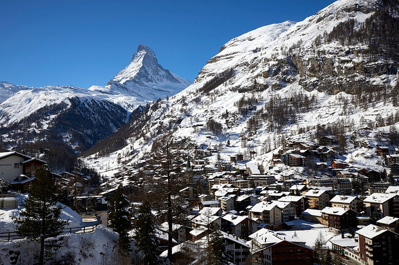 Alpine Village, Alpine, snow, Matterhorn, Zermatt, village, HD wallpaper
