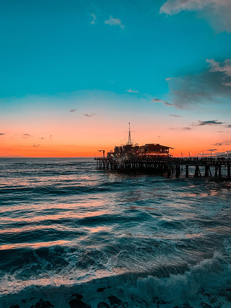 pier, ocean, surf, sunset, wave, HD phone wallpaper