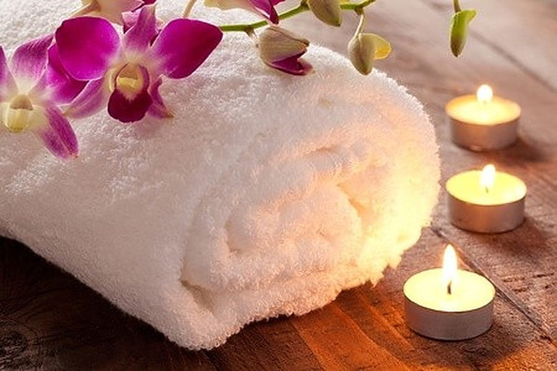 Spa concept, Spa, Candlelight, Flowers, Towels, HD wallpaper