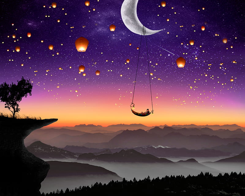 Fantasy night, moon, lantern, luminos, black, sky, silhouette, fantasy, moon, purple, swing, light, HD wallpaper
