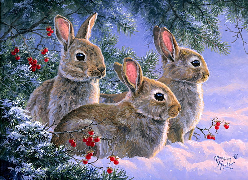 Bunnies, abraham hunter, iepure, art, snow, iarna, rabbit, winter, bunny, painting, pictura, HD wallpaper