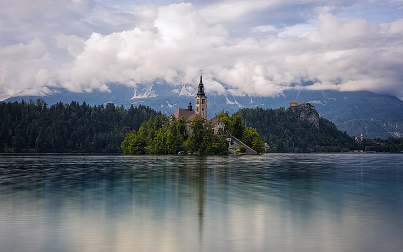 Church of the Mother of God, beautiful nature, Lake Bled, summer, Julian Alps, mountains, Carniolan, Slovenia, Europe, HD wallpaper