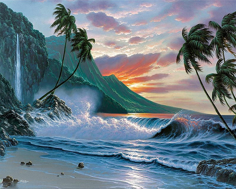 Tropical, ocean, waves, trees, clouds, palm trees, sea, beach, sand, water, mountains, HD wallpaper