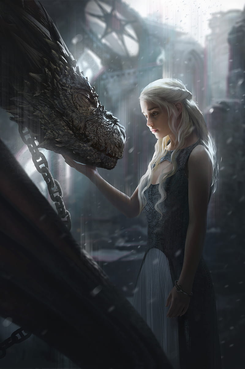 Game of Thrones, Daenerys Targaryen, fantasy girl, dragon, creature, blonde, HD phone wallpaper