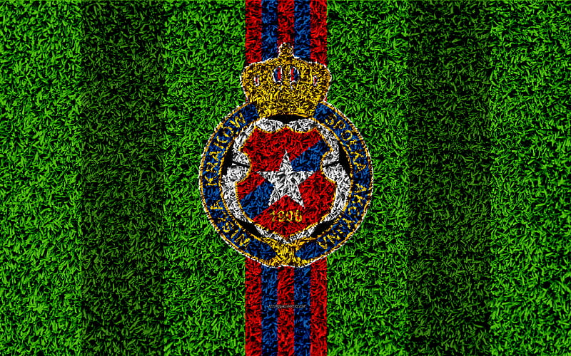 Wisla Krakow logo, football lawn, Polish football club, green grass texture, blue red lines, Ekstraklasa, Krakow, Poland, football, art, HD wallpaper