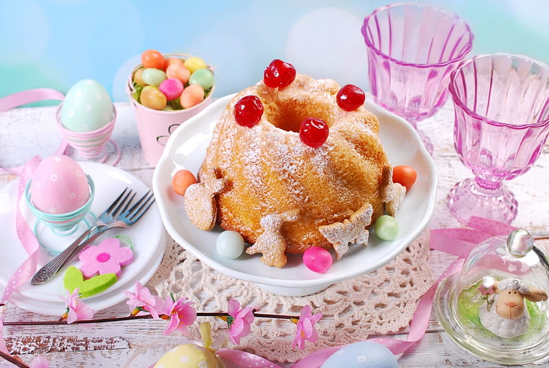 Easter cake, cake, egg, food, easter, pink, blue, dessert, sweet, HD wallpaper