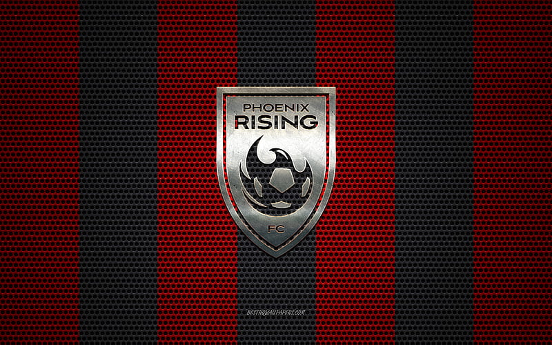 Phoenix Rising FC logo, American soccer club, metal emblem, red-black metal mesh background, Phoenix Rising FC, USL, Phoenix, Arizona, USA, soccer, HD wallpaper