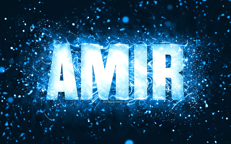 Happy Birtay Amir blue neon lights, Amir name, creative, Amir Happy Birtay, Amir Birtay, popular american male names, with Amir name, Amir, HD wallpaper