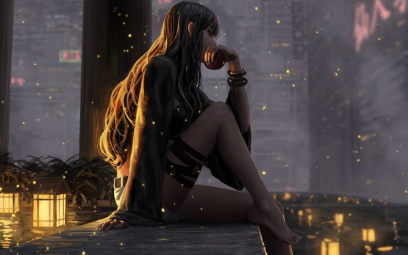 Girl Black Guweiz Art Fantasy Yellow Lantern Dark Lights Hd