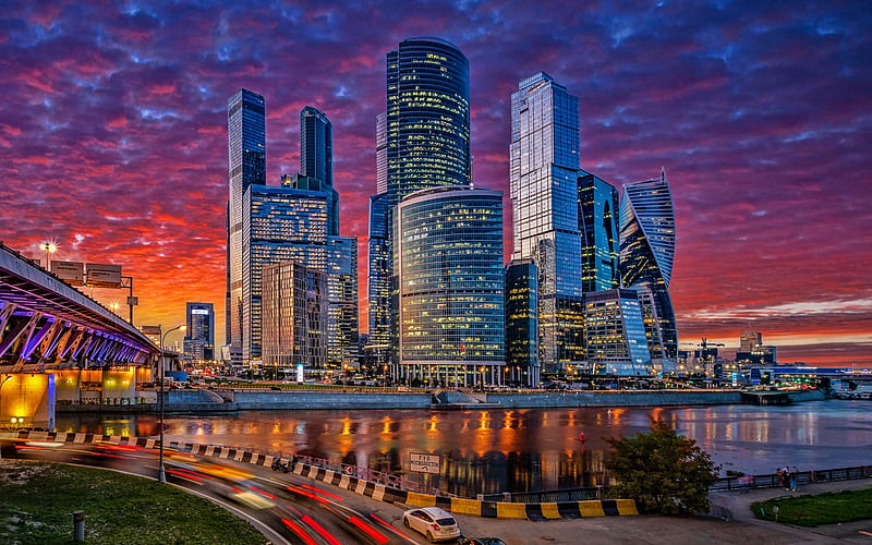 Moscow City, sunset, skyscrapers, cityscapes, Russia, Moscow, russian cities, modern buildings, Moscow landmarks, R, HD wallpaper