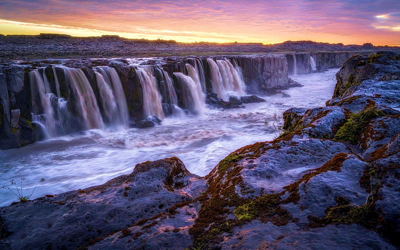 The many waterfalls of Selfoss, Iceland, river, rocks, sunset, valley, landscape, HD wallpaper