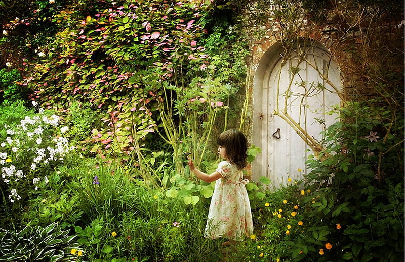 Secret Garden, doorway, summer, garden, child, secret, imagination, HD wallpaper