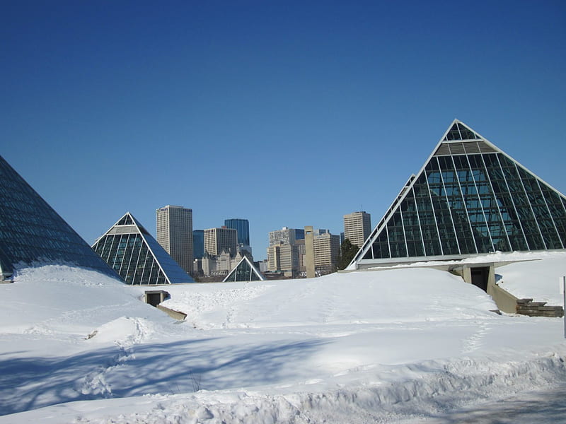 Muttart Conservatory of Edmonton 06, graphy, snow, pyramids, white, sky, blue, Winter, HD wallpaper