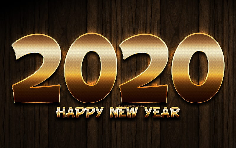 2020 metal art, wooden background, Happy New Year 2020, creative, 2020 concepts, golden digits, 2020 golden glitter digits, 2020 on wooden background, 2020 year digits, HD wallpaper
