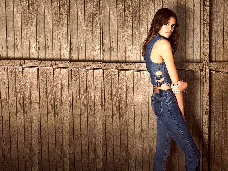 Kaia Gerber, Gerber, shirt, model, bonito, jeans, actress 2020, hot, Kaia, denim, wood, HD wallpaper