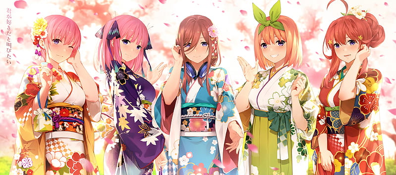 nakano ichika, nakano nino, nakano miku, nakano yotsuba, go-toubun no hanayome, kimono, Anime, HD wallpaper