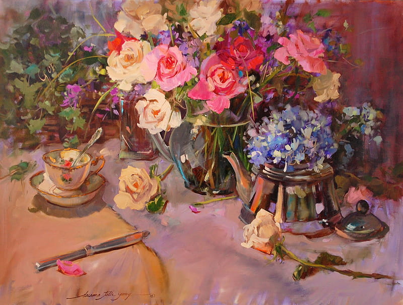 Overflowing, saucer, flowers, cup, tea pot, knife, HD wallpaper