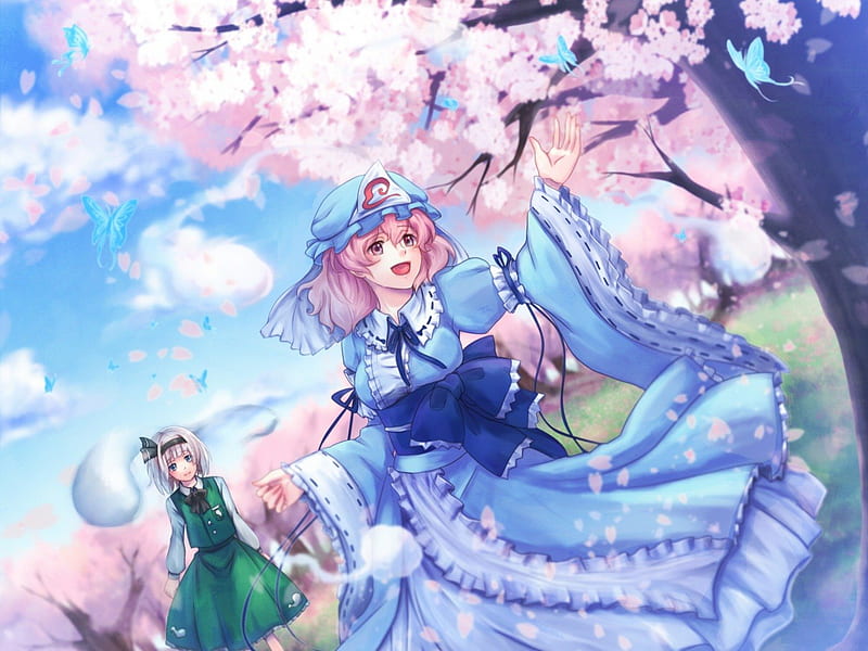 Konpaku Youmu & Saigyouji Yuyuko, anime, touhou, Saigyouji Yuyuko, Konpaku Youmu, butterflies, clouds, sky, cherry blossoms, HD wallpaper