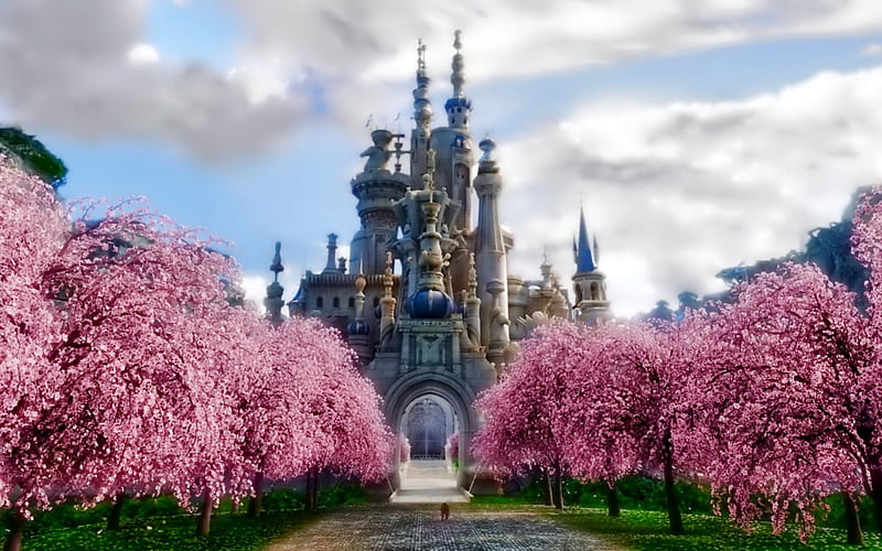 Castle, flowers, trees, HD wallpaper