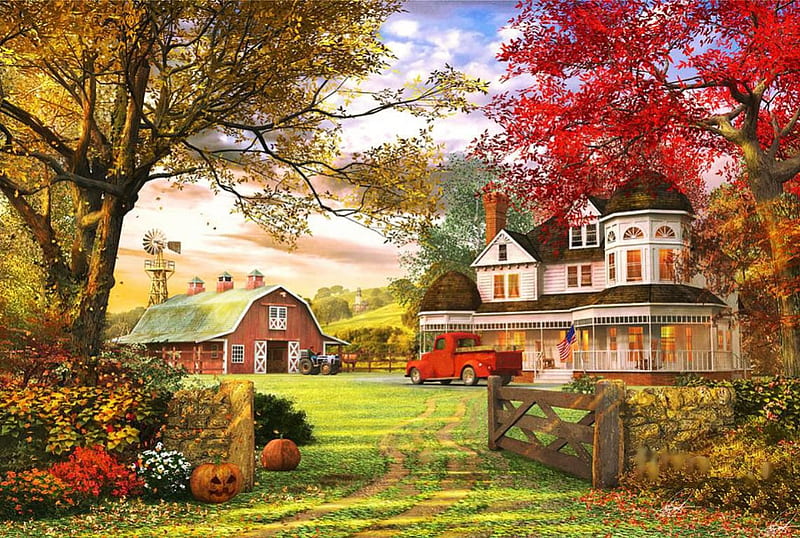 Old Pumpkin Farm, gate, house, car, trees, artwork, barn, pumpkins, HD wallpaper