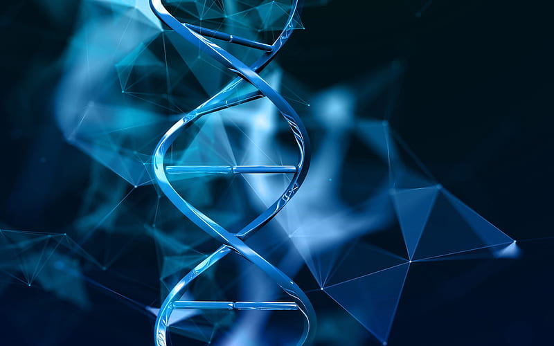 3d blue dna molecule, blue dna background, dna concepts, 3d molecule, biology background, HD wallpaper